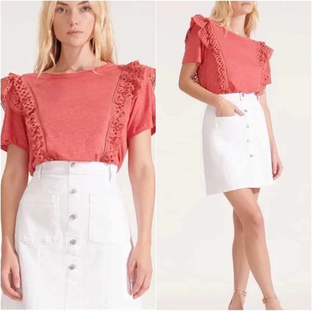 Veronica Beard Top Prema Eyelet Ruffle Crewneck Tee Linen Short Sleeve S